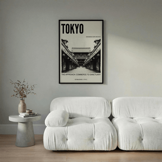 Graphic travel poster print with large TOKYO lettering above a symmetrical market-street photograph