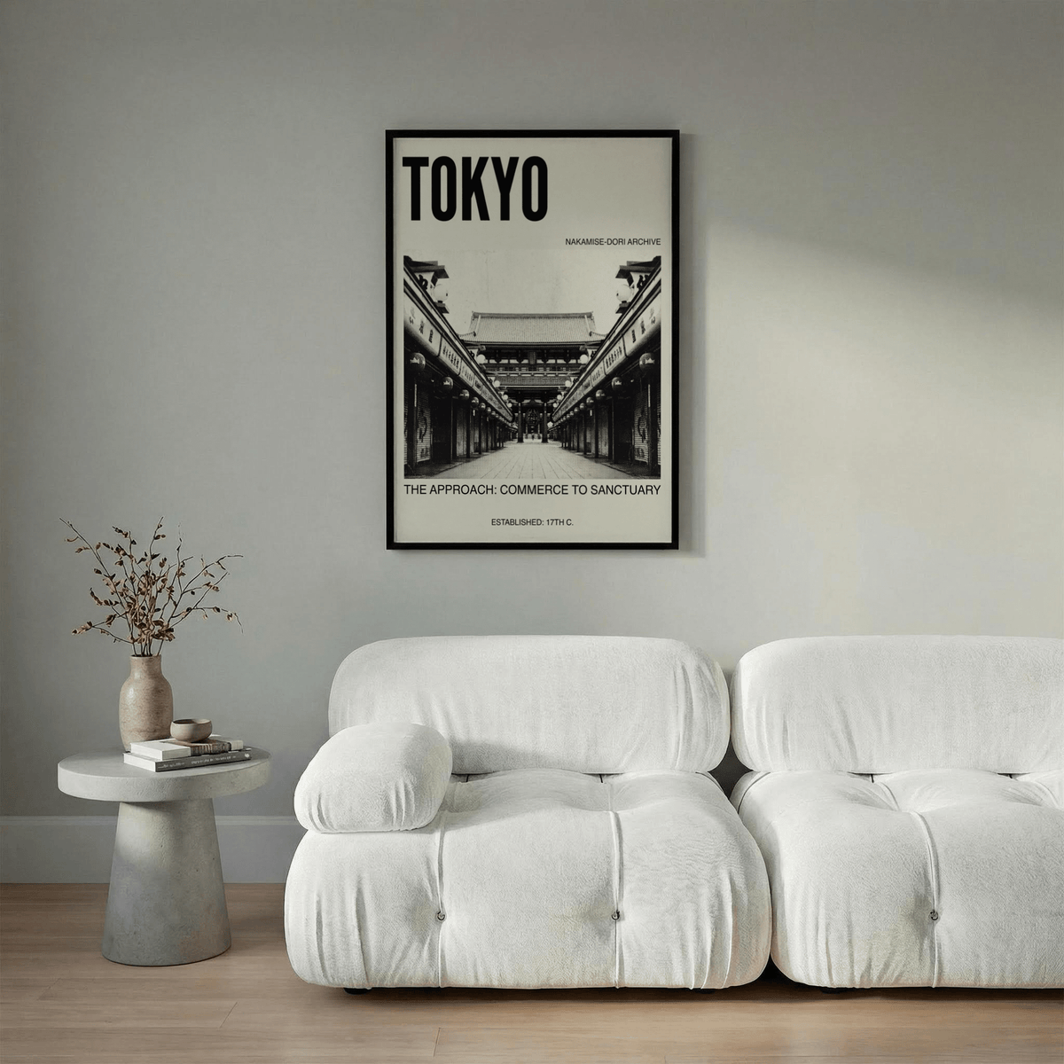 Graphic travel poster print with large TOKYO lettering above a symmetrical market-street photograph