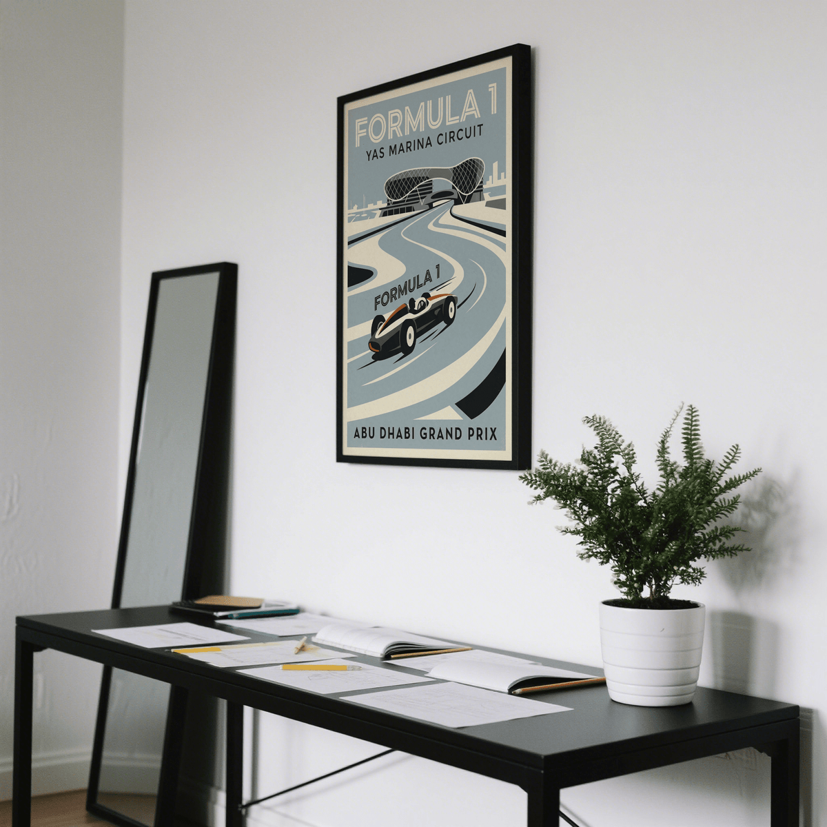 Lower section of poster print with Abu Dhabi Grand Prix lettering and track edge shapes