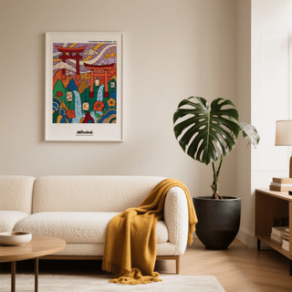 Decorative landscape wall art print showing torii gates, clouds, and flowers