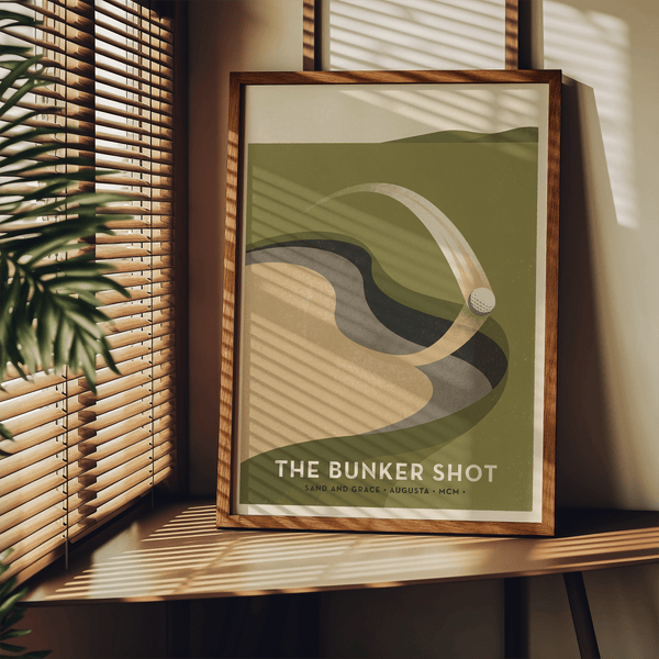 Golf Bunker Art Print showing curved ball arc and bold title
