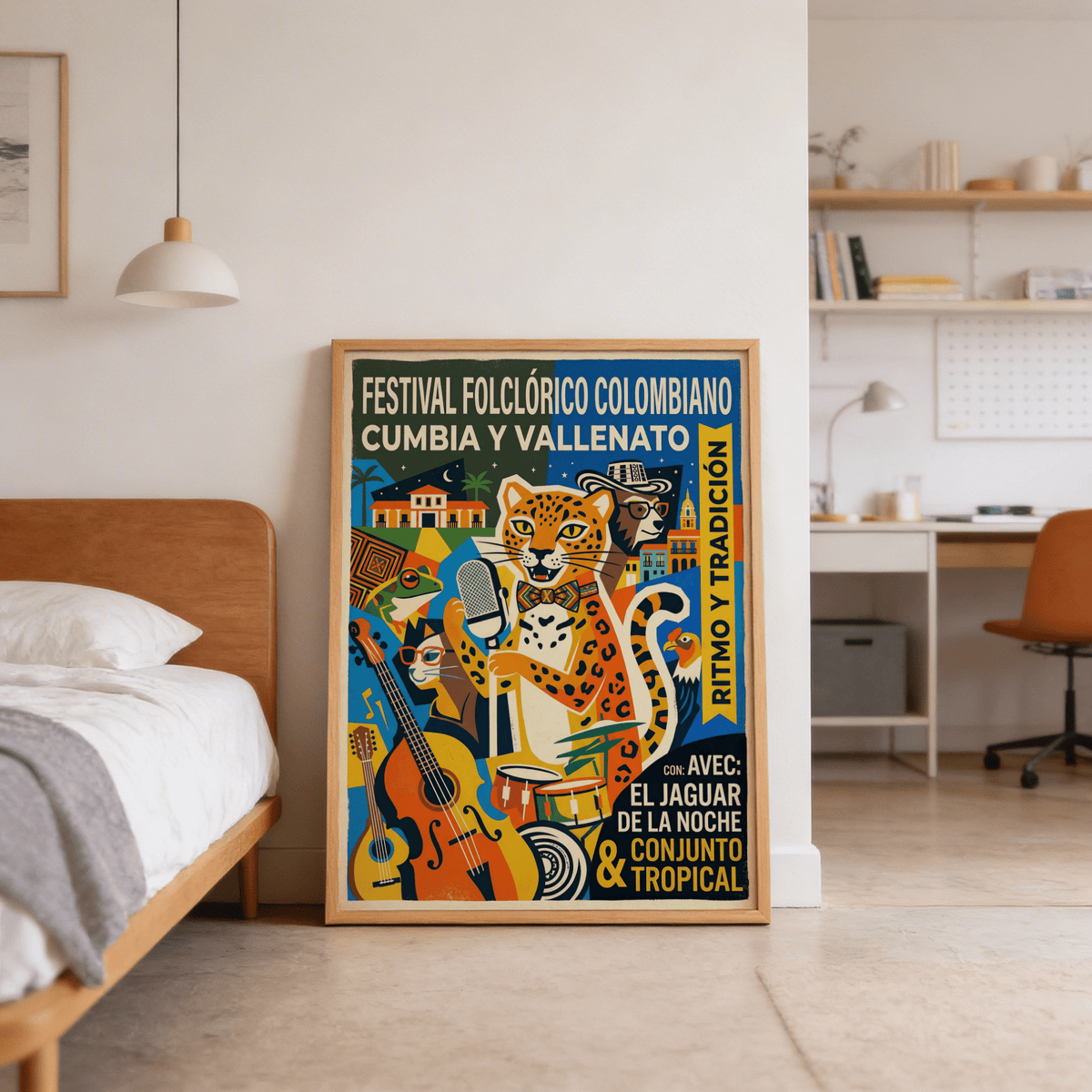 Retro-style wall art poster with frog, bird, and city buildings around musicians