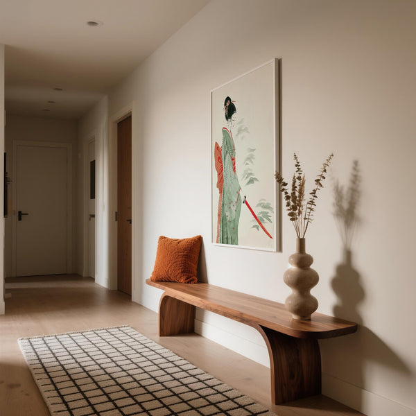 Elegant Japanese Watercolor Art showing a female samurai in side profile.