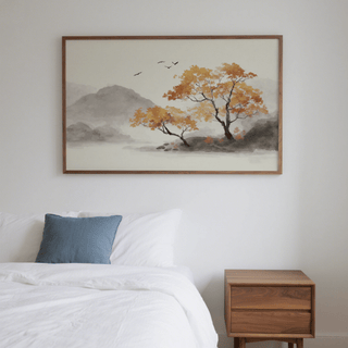 Tranquil Autumn Tree Art Print with white backdrop, for hallway wall art