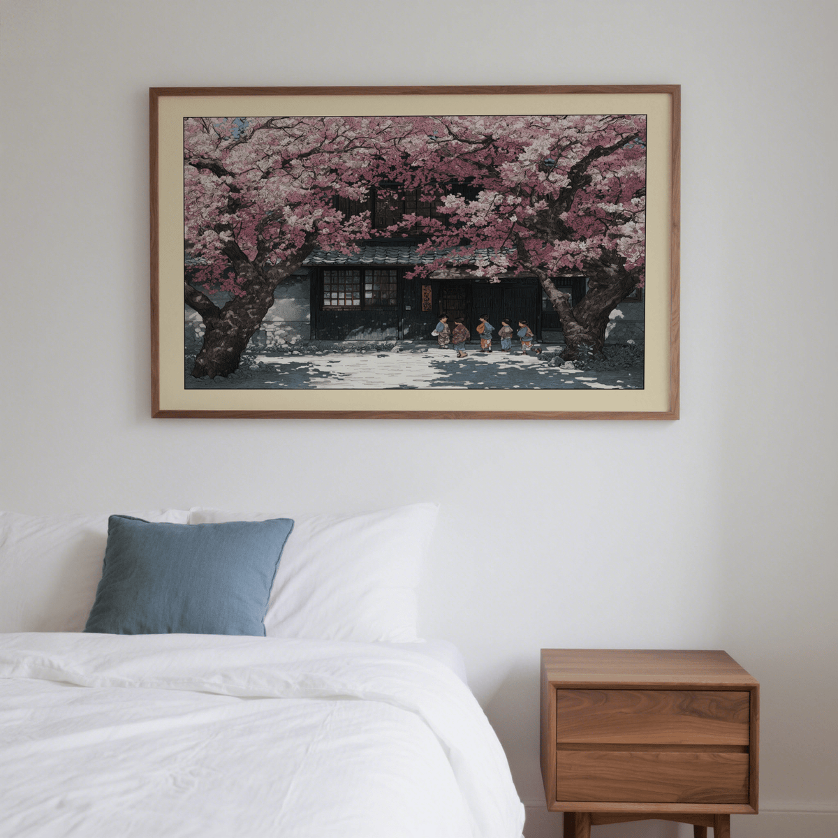 Interior mockup showing Japanese spring print above a console table