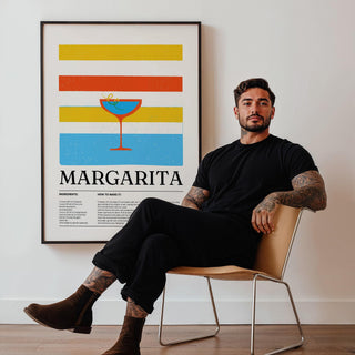 Bright and bold Margarita recipe poster with lime wedge and orange tones.
