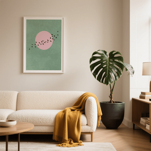 Living room with a beige sofa, yellow blanket, and a plant near a wall with a framed picture.