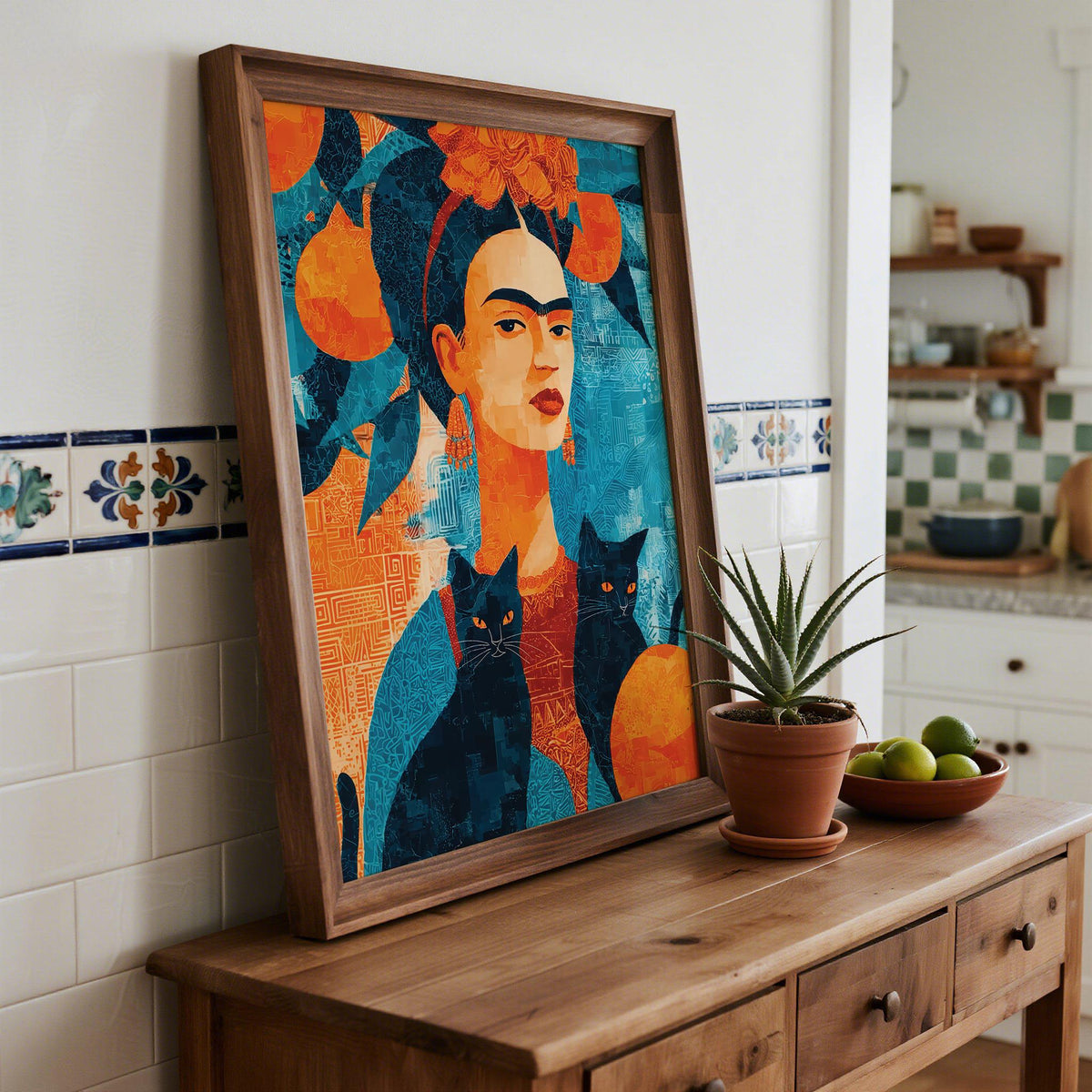 Graphic Frida Kahlo cat art with botanical elements and rich contrast.