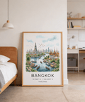 Line-and-wash Bangkok travel print featuring longtail boats on a wide river