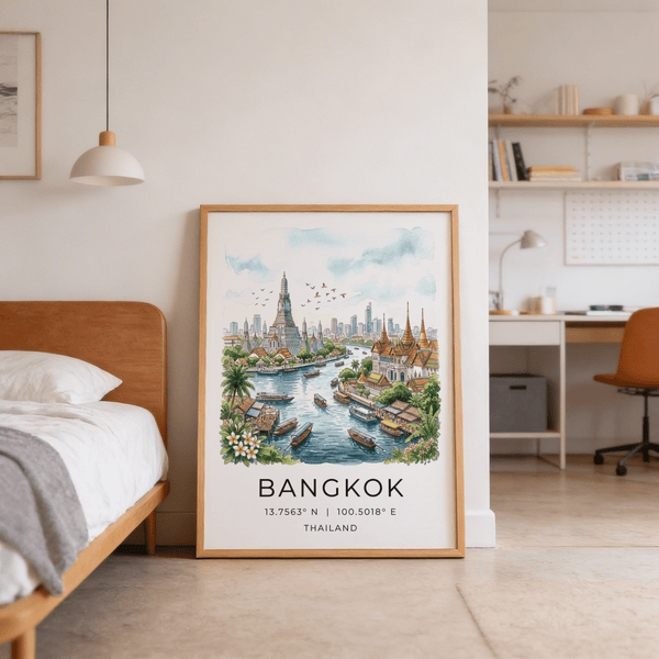 Line-and-wash Bangkok travel print featuring longtail boats on a wide river