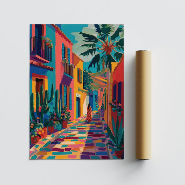 Painted shutters and blooming balconies in a lively Mexican street art piece.