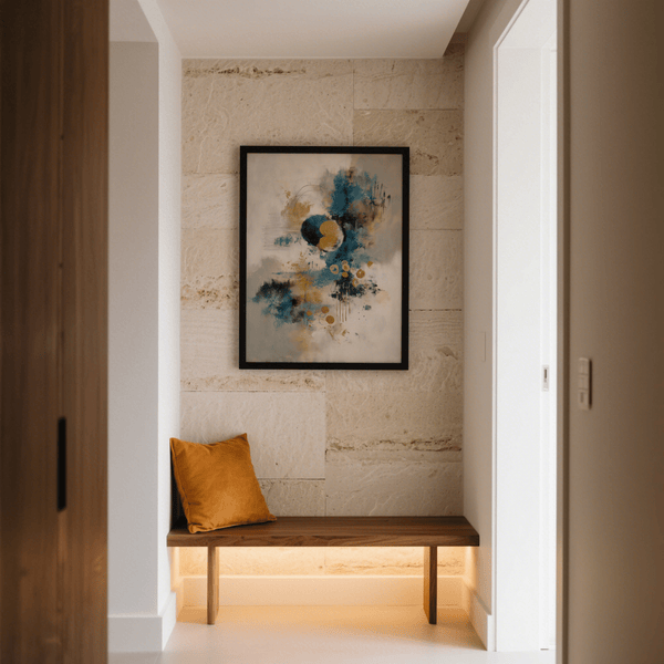 Large Abstract Blue Gold Wall Art showcasing blue, gold, beige for living area