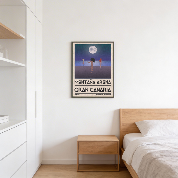 Retro-inspired Gran Canaria beach print with horizon bands and coordinates