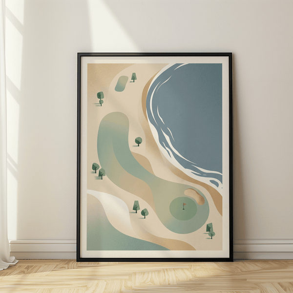 Graphic seaside golf course print with putting green, red flag, sand bunker, and wave edge