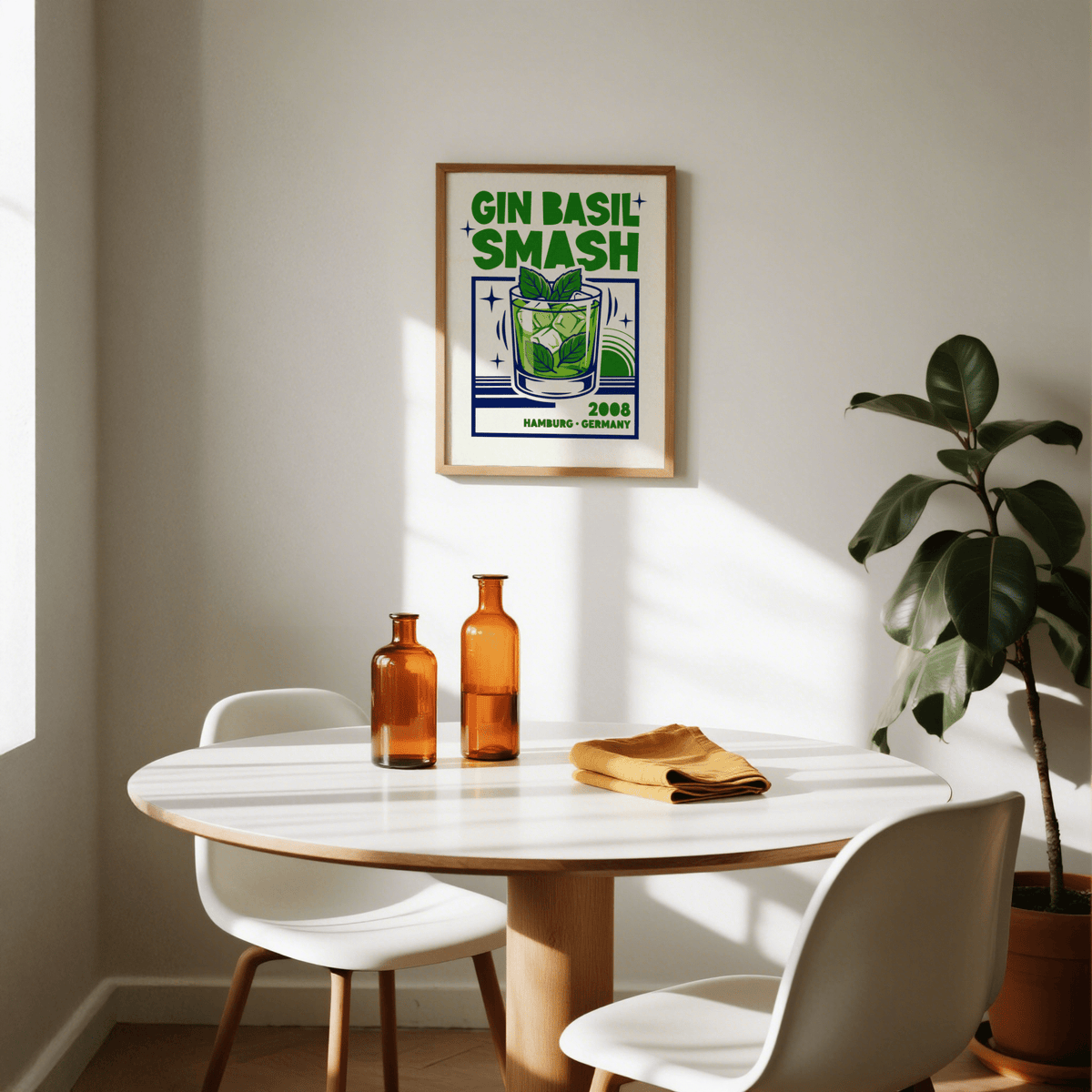 Colorful Green and Blue Gin Basil Smash Poster, bar decor wall art
