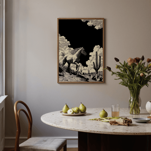 Western-inspired Running Horse Wall Art with layered clouds and saguaro silhouettes