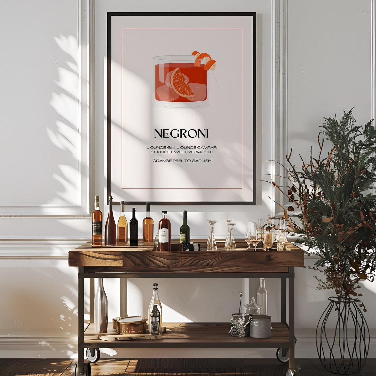 Minimalist cocktail art with Negroni ingredients in bold red tones.