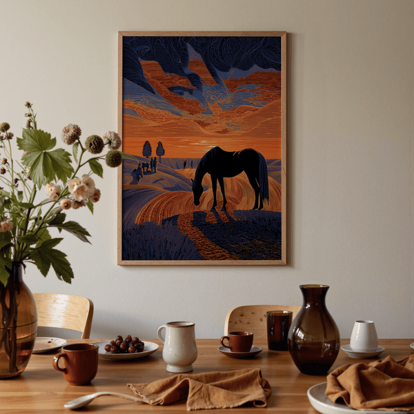 Graphic horizon wall art depicting negative space around a lone horse
