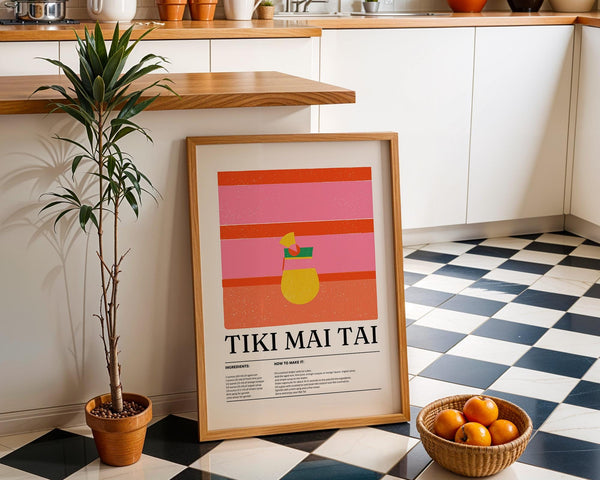 Vintage-style Mai Tai print perfect for bar wall art or tropical kitchen decor.