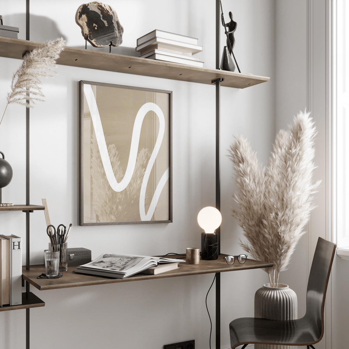 beige wall art with white curved lines for hallway art print