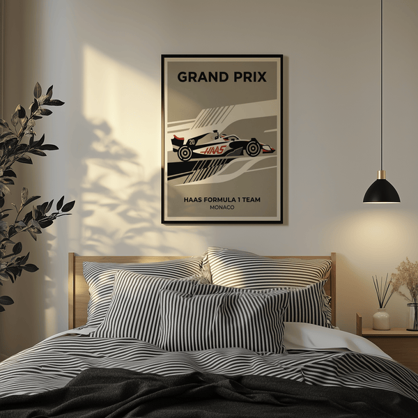 Monaco Grand Prix themed wall art print with HAAS logo on the car body