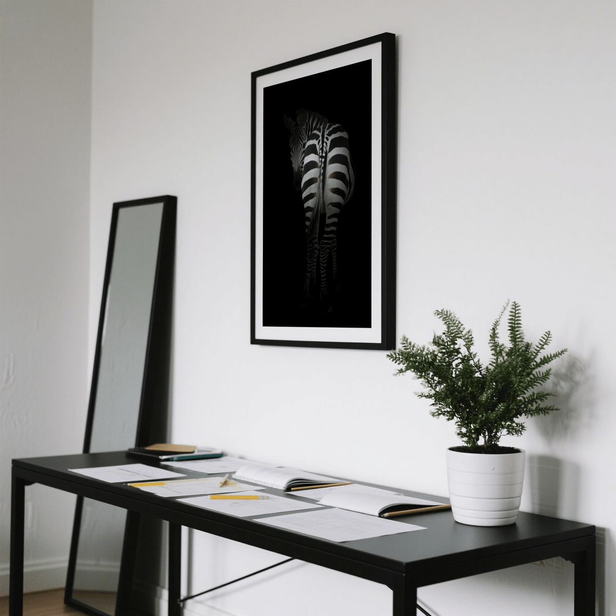 Zebra Art Print rear-view composition with head turned toward viewer