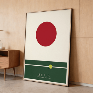 Geometric tennis wall art print showing large sun circle and simplified court layout