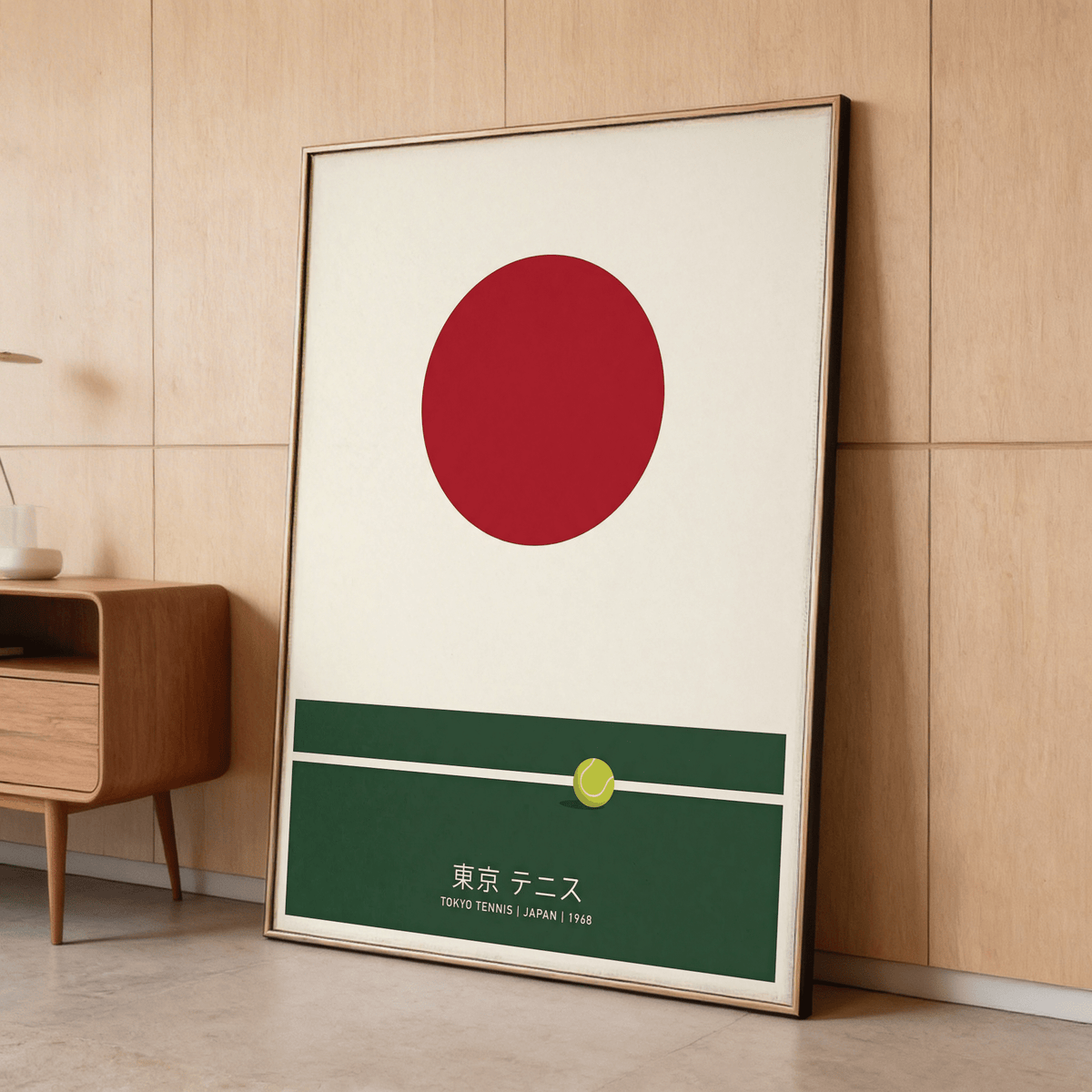 Geometric tennis wall art print showing large sun circle and simplified court layout