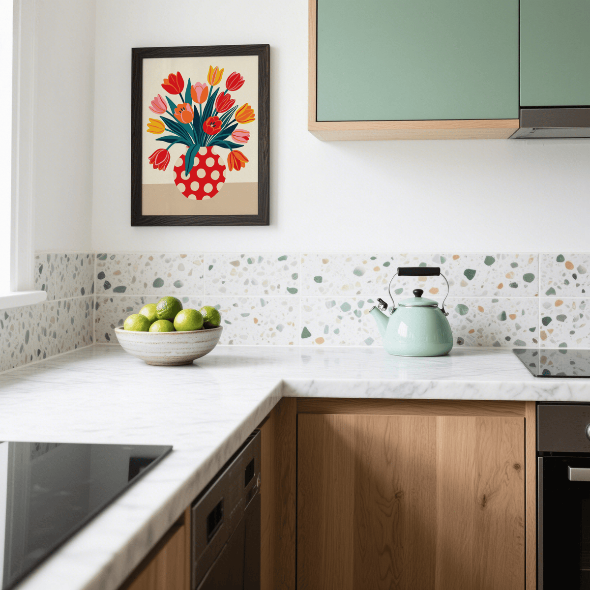 Floral Art Print with Orange, White, Beige; kitchen wall poster