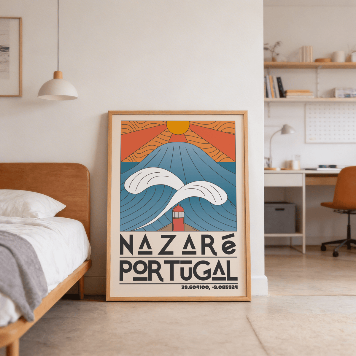 Minimalist-modern seaside wall art with lighthouse at bottom and sweeping wave lines