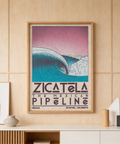 Showcasing surf wave wall art print with “Zicatela” headline and foamy break