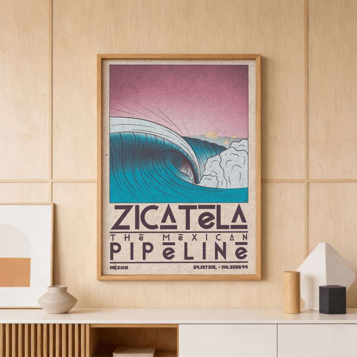 Showcasing surf wave wall art print with “Zicatela” headline and foamy break