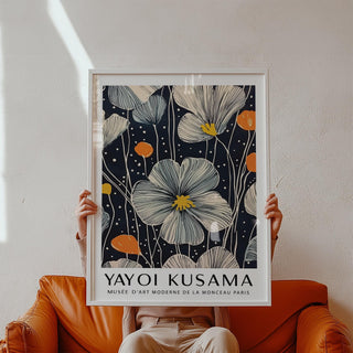 Contemporary Large Flower Wall Art showcasing floral outlines on dark blue.