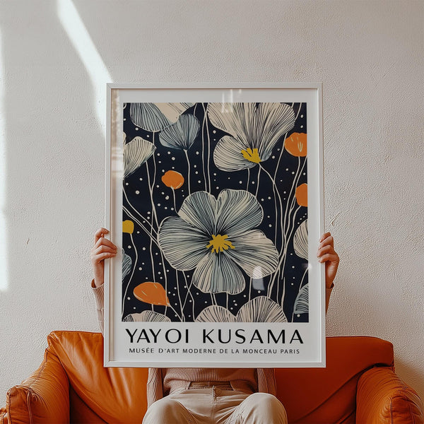 Contemporary Large Flower Wall Art showcasing floral outlines on dark blue.