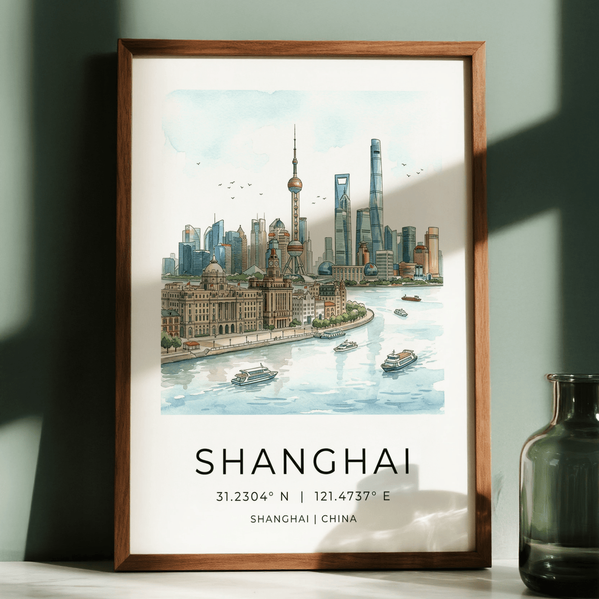Architectural Shanghai City Art Print featuring a riverside promenade and towers