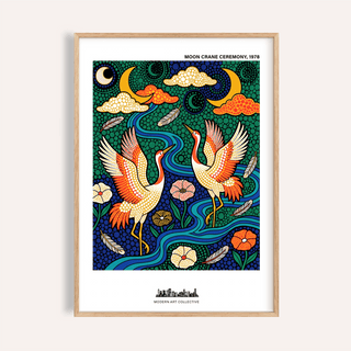 Featuring two cranes with raised wings, decorative wall art poster with moons and winding river