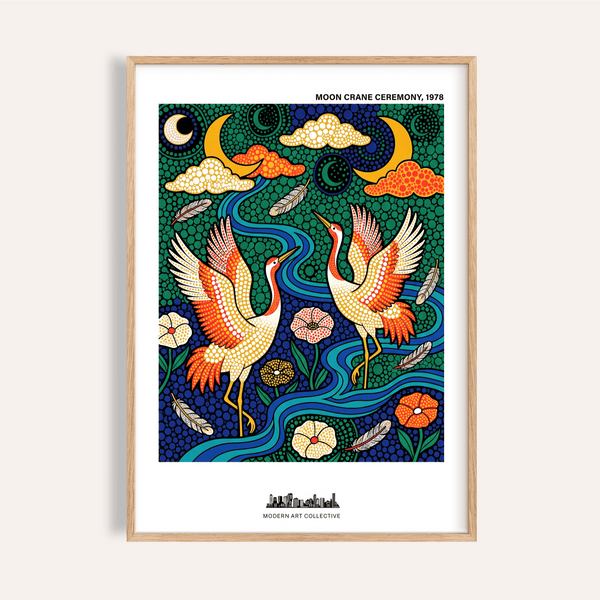 Featuring two cranes with raised wings, decorative wall art poster with moons and winding river