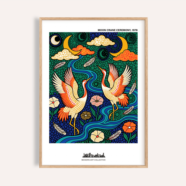 Featuring two cranes with raised wings, decorative wall art poster with moons and winding river