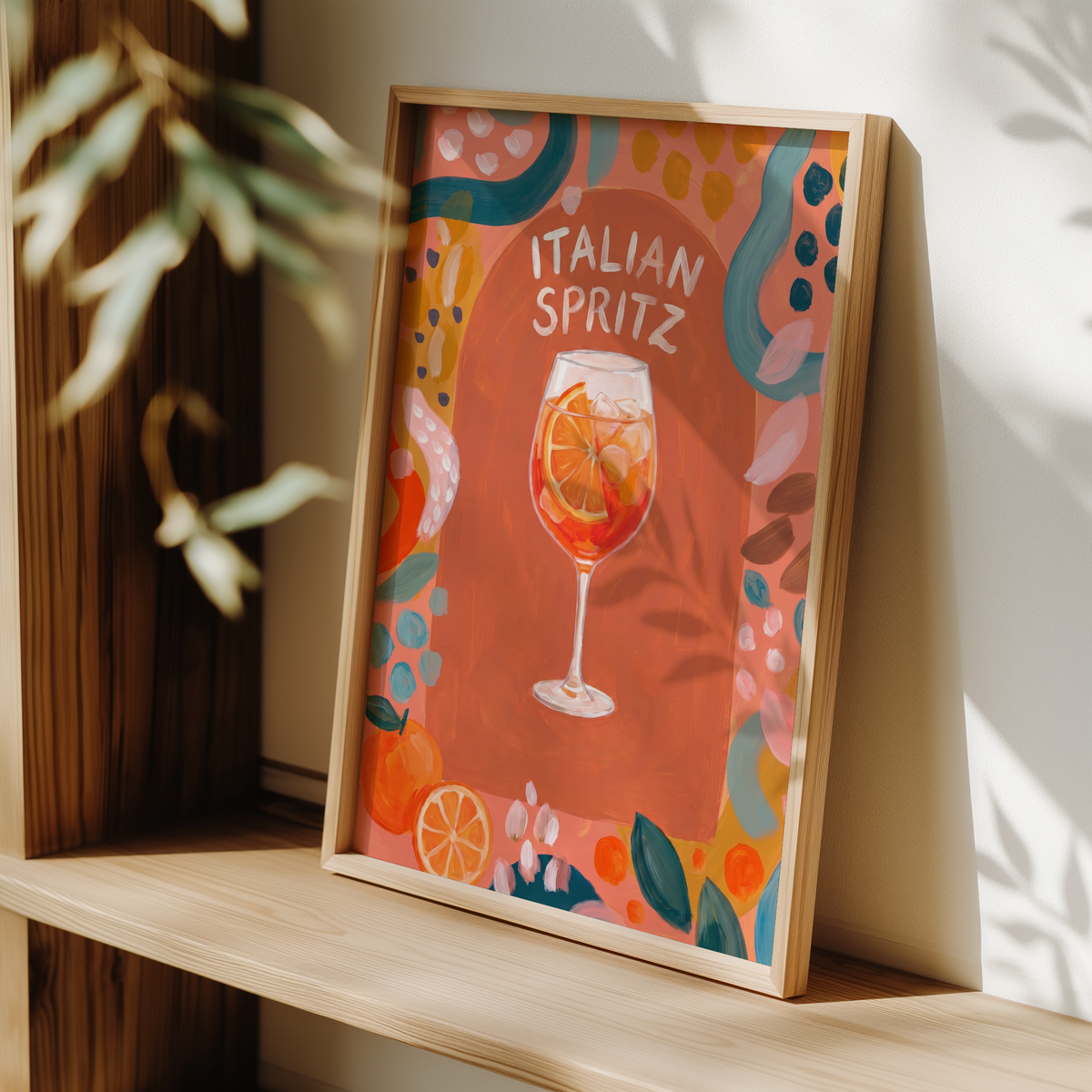 Illustrated Italian Spritz Art Print wall art with hand-painted lettering and citrus garnish in the glass