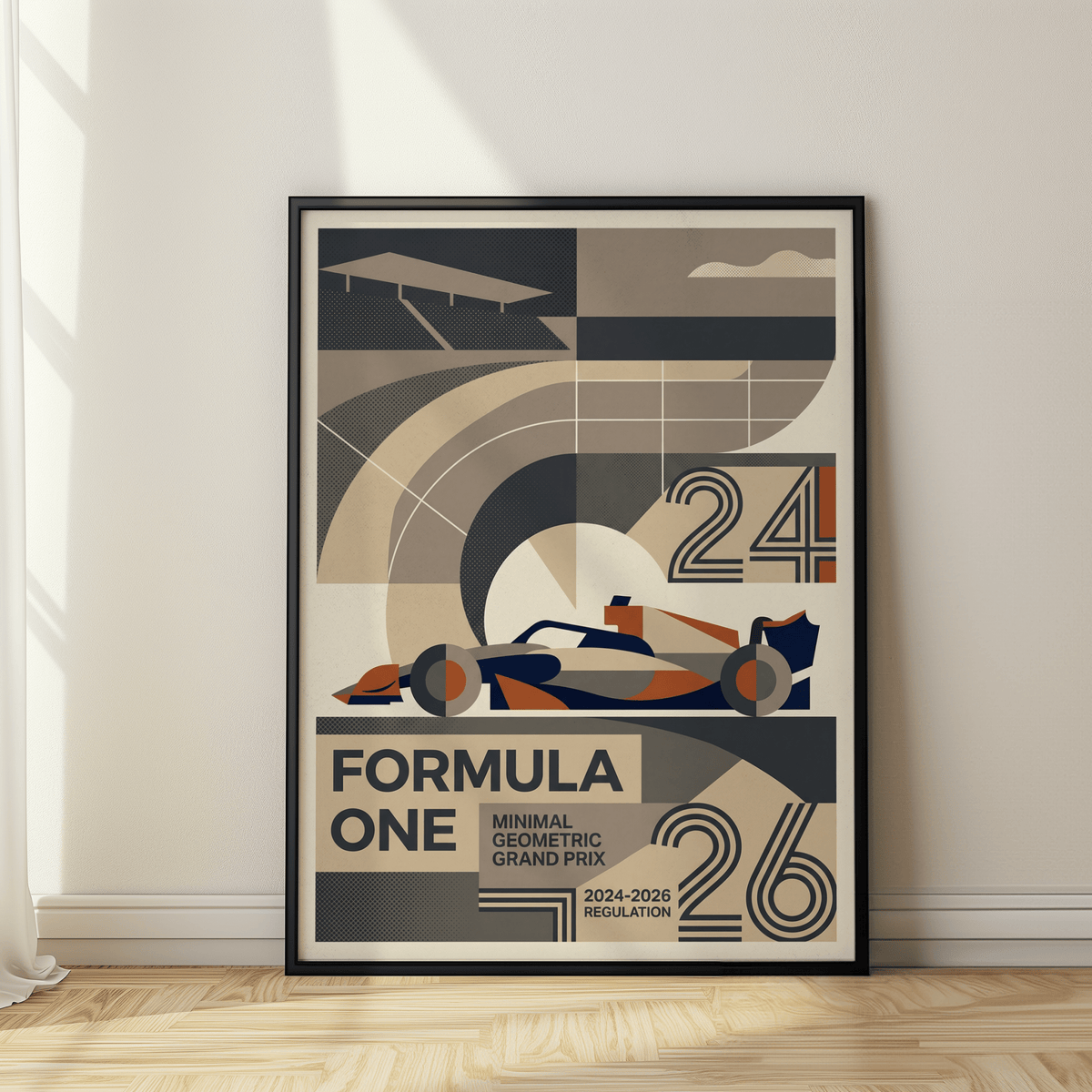Minimal racing poster print showing an open-wheel car, sweeping track arcs, and grid lines