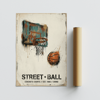 Concrete-court inspired sports wall art print with hoop illustration and bold headline text