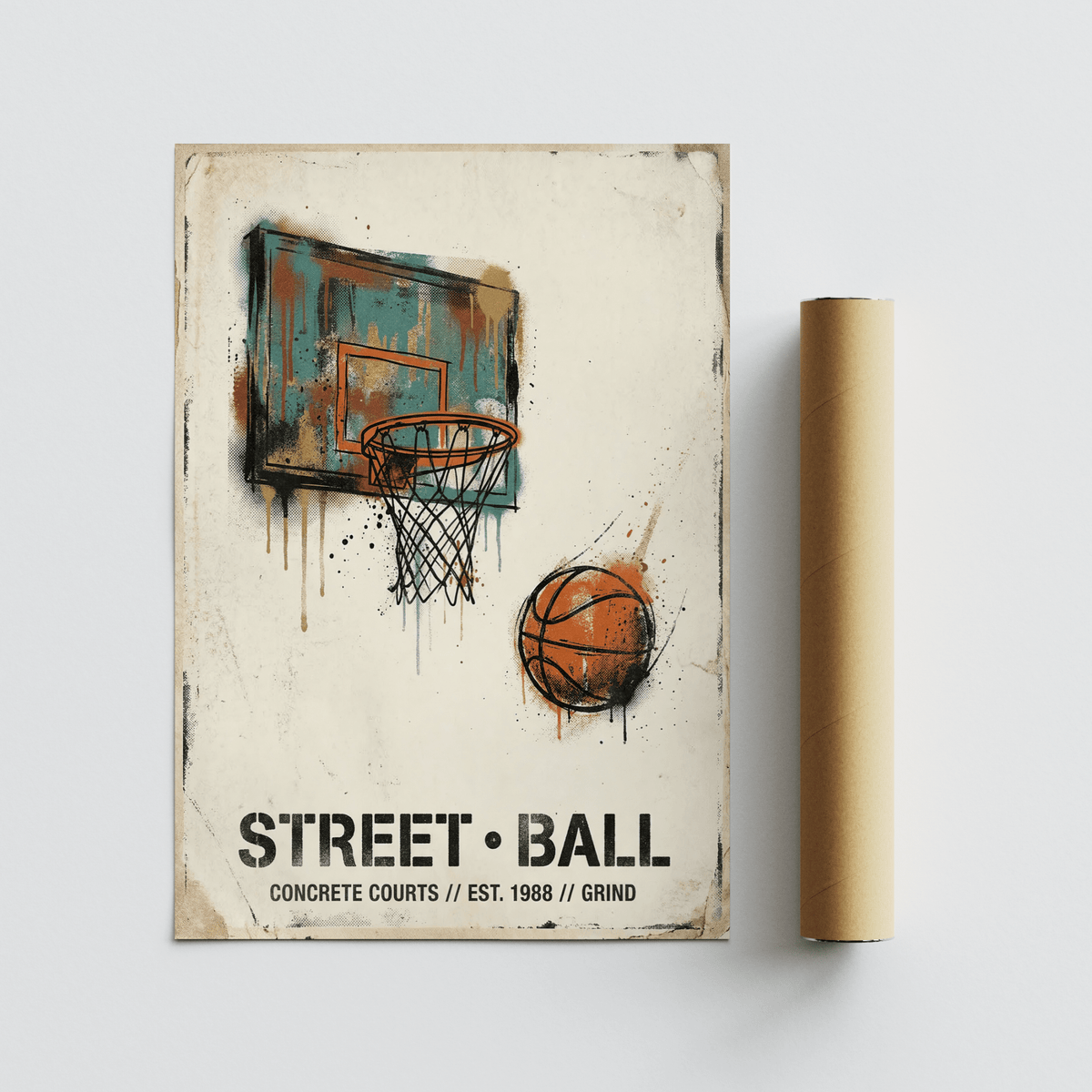 Concrete-court inspired sports wall art print with hoop illustration and bold headline text