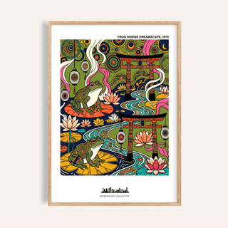 Featuring two frogs and torii gates, Japanese Frog Art Print poster with lotus flowers and lanterns