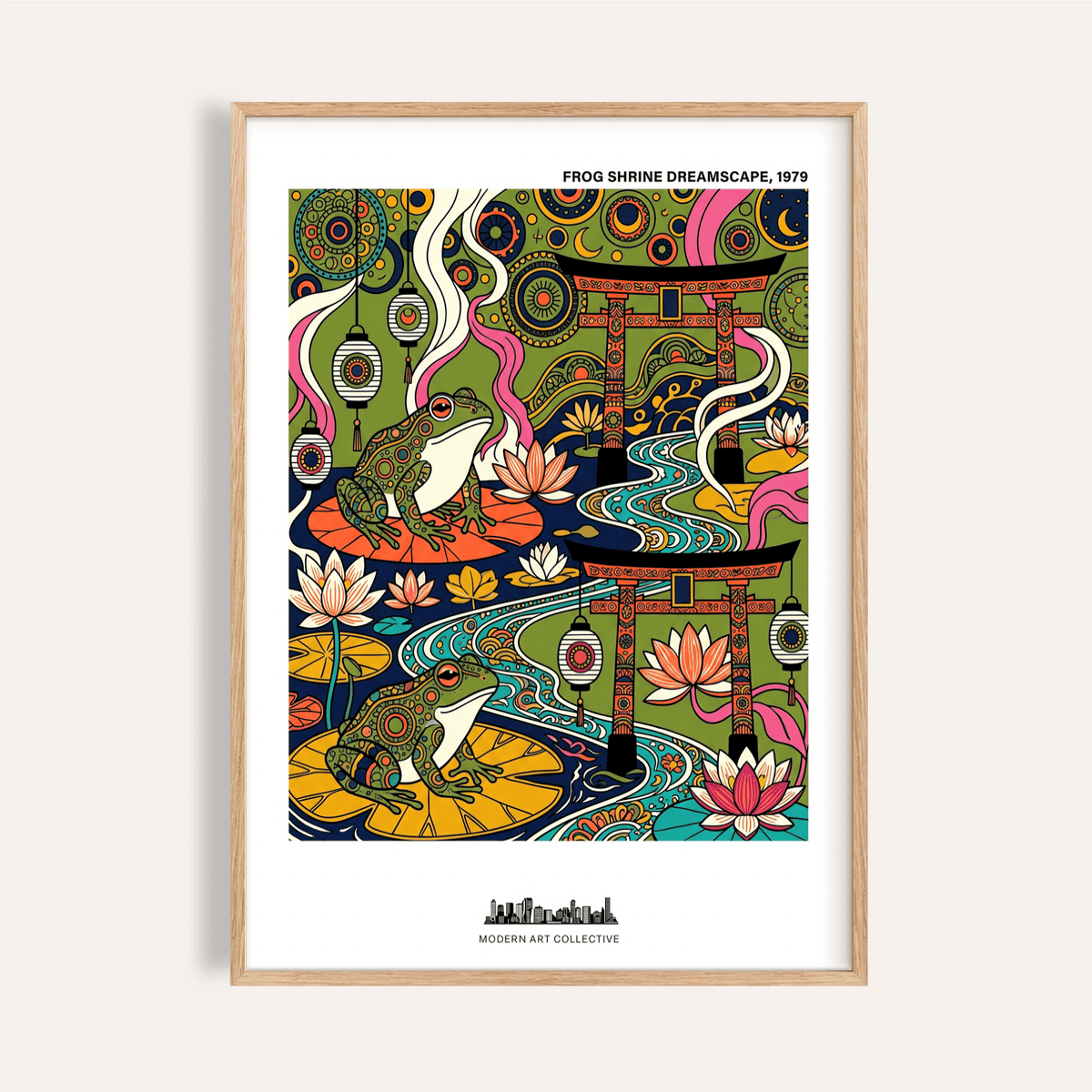 Featuring two frogs and torii gates, Japanese Frog Art Print poster with lotus flowers and lanterns