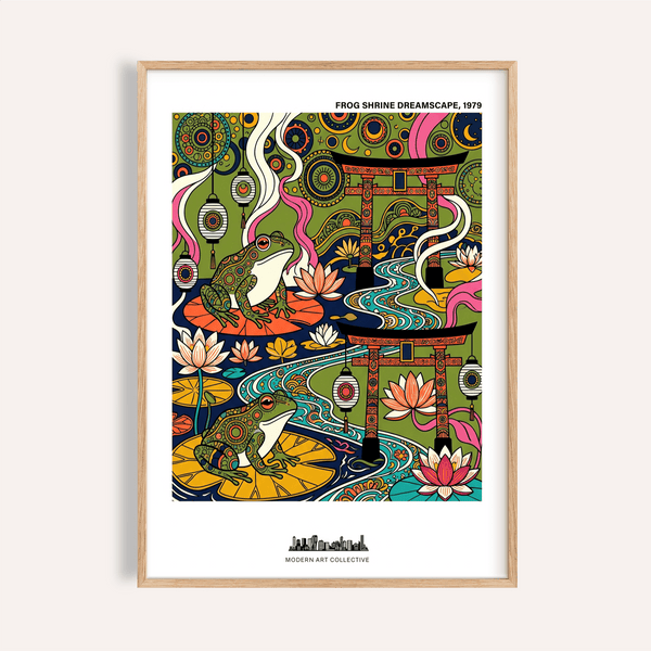 Featuring two frogs and torii gates, Japanese Frog Art Print poster with lotus flowers and lanterns