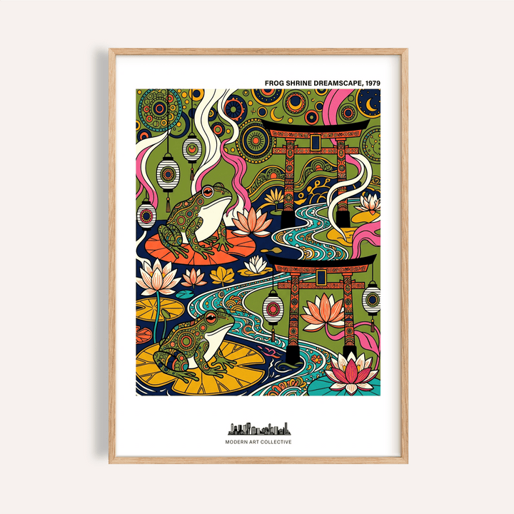 Featuring two frogs and torii gates, Japanese Frog Art Print poster with lotus flowers and lanterns