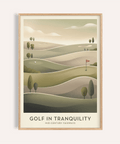 Framed Mid-century Golf Art poster showing rolling fairways and dotted ball-flight arc