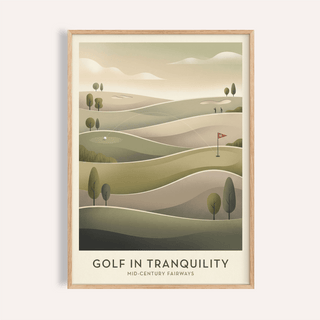 Framed Mid-century Golf Art poster showing rolling fairways and dotted ball-flight arc