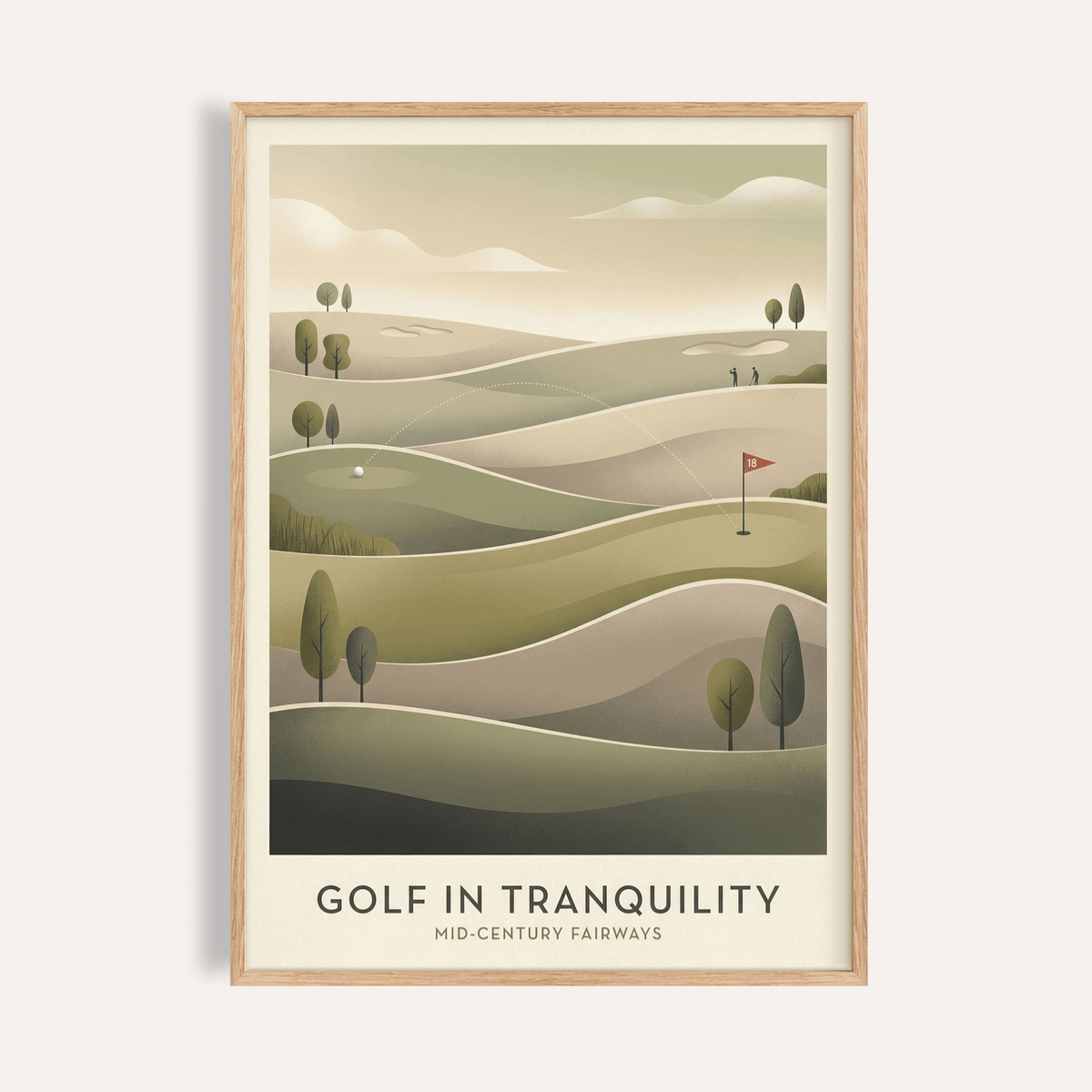 Framed Mid-century Golf Art poster showing rolling fairways and dotted ball-flight arc