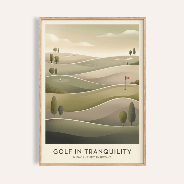 Framed Mid-century Golf Art poster showing rolling fairways and dotted ball-flight arc